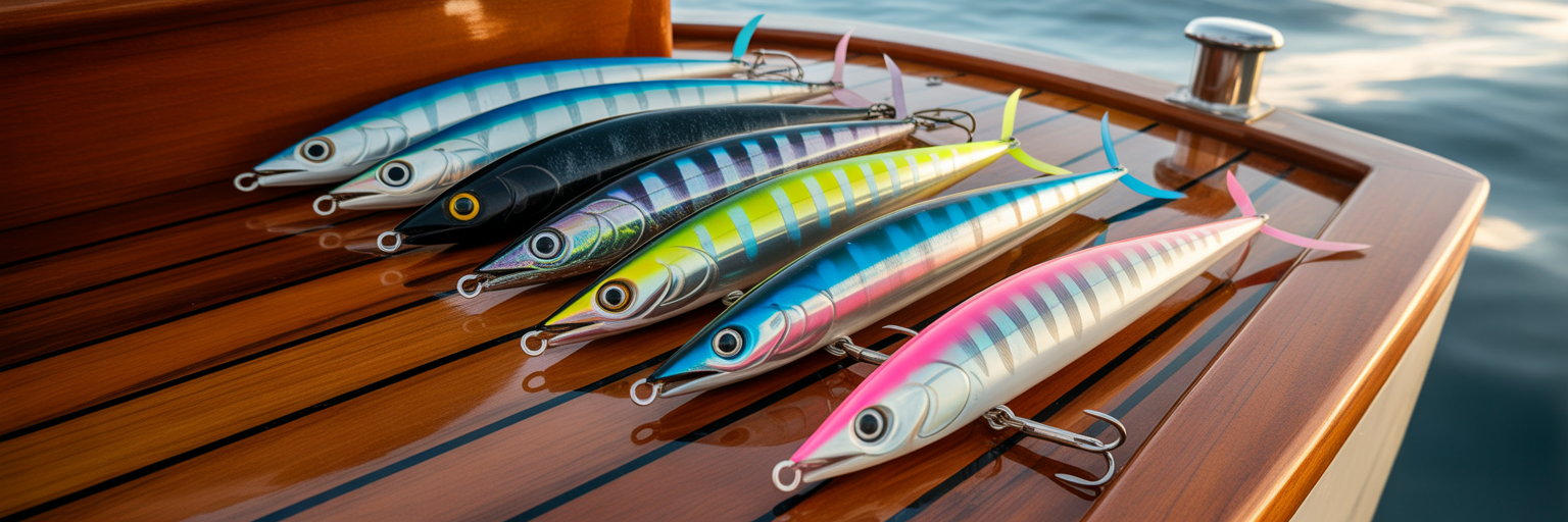 Various colored wahoo trolling lures.