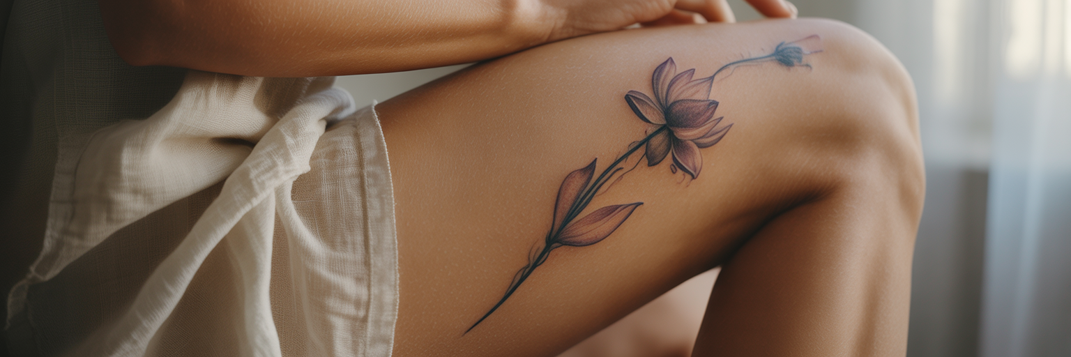 Vertical floral tattoo on calf