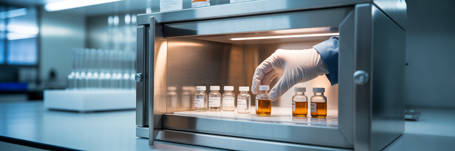 Vials stored in temperature-controlled laboratory cabinet.