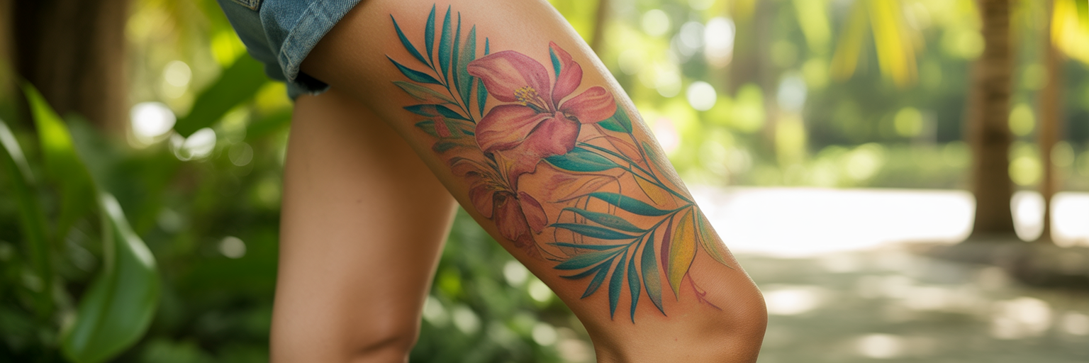 Vibrant watercolour tattoo on a person's calf.