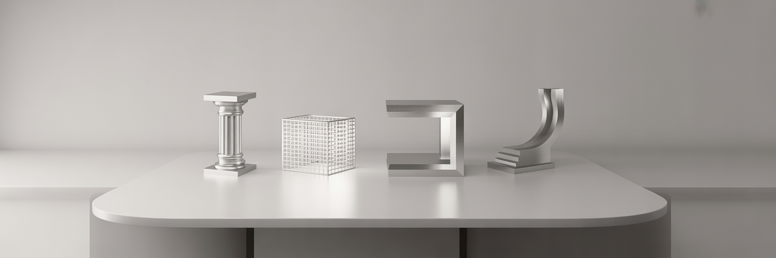Vier architektonische Modelle symbolisieren Kreatin-Vorteile.