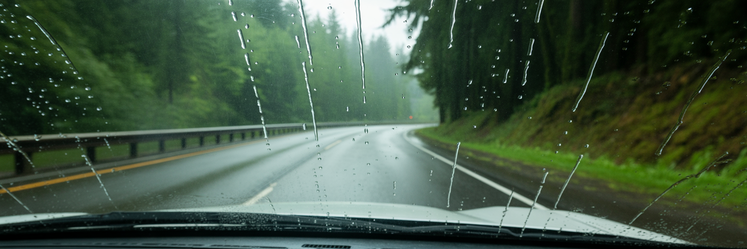 View of wet winding road from inside car