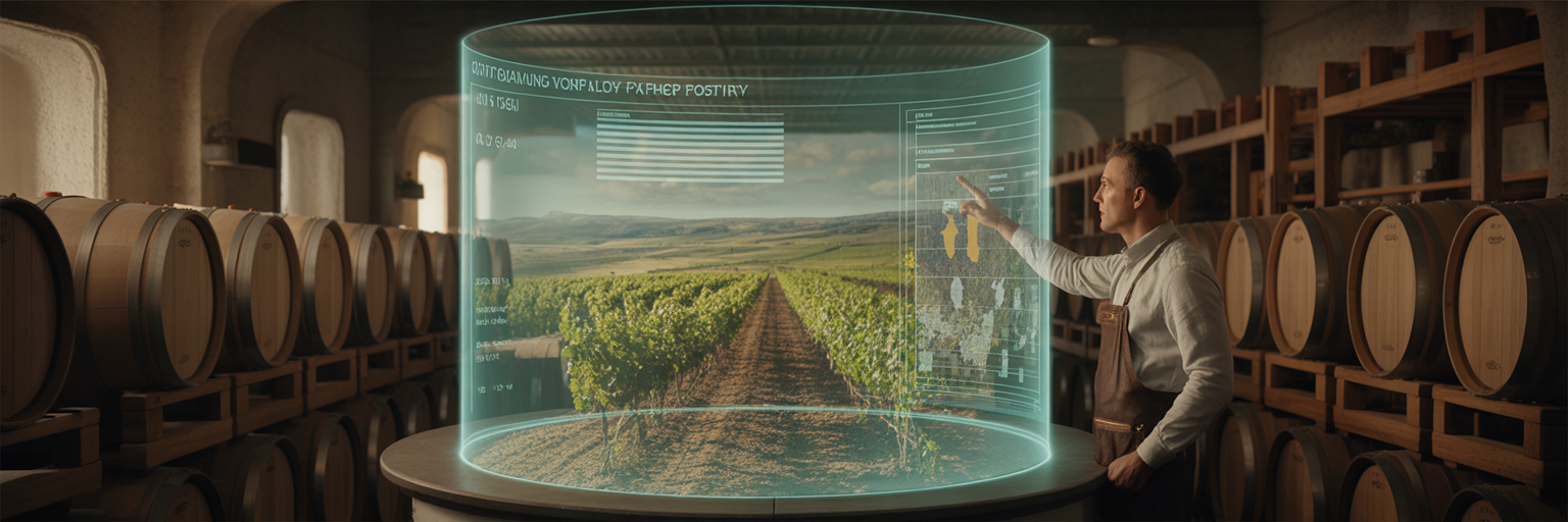 Vigneron analysant un hologramme de son vignoble.