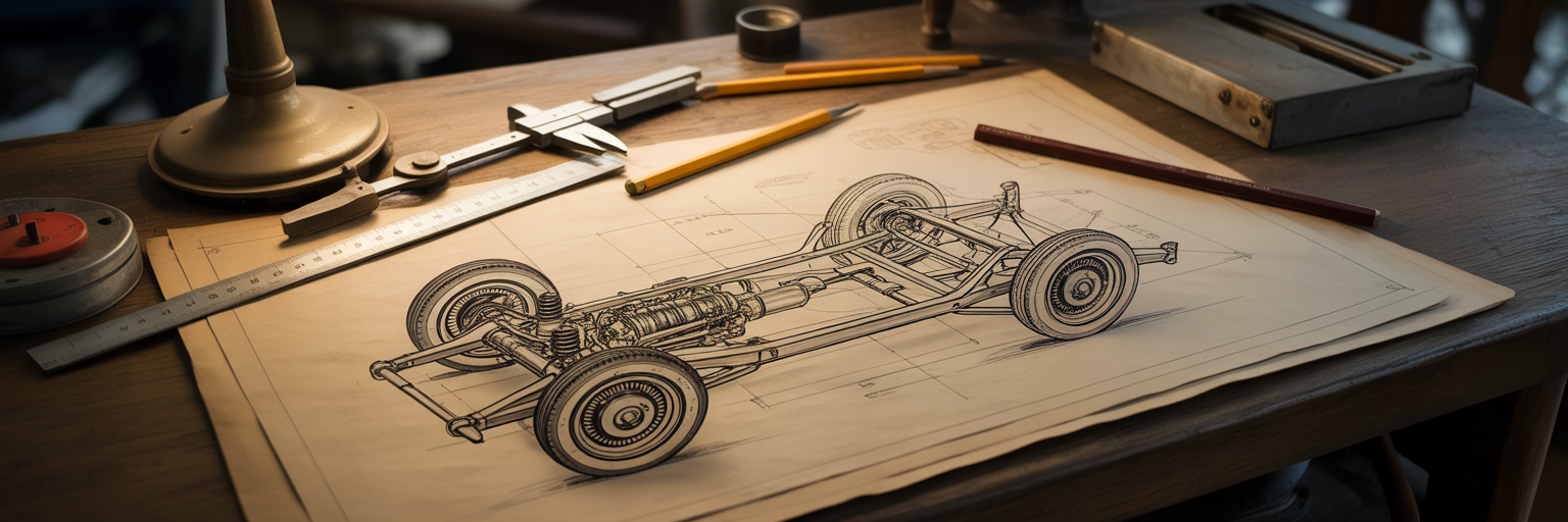 Vintage automotive blueprints on drafting table.