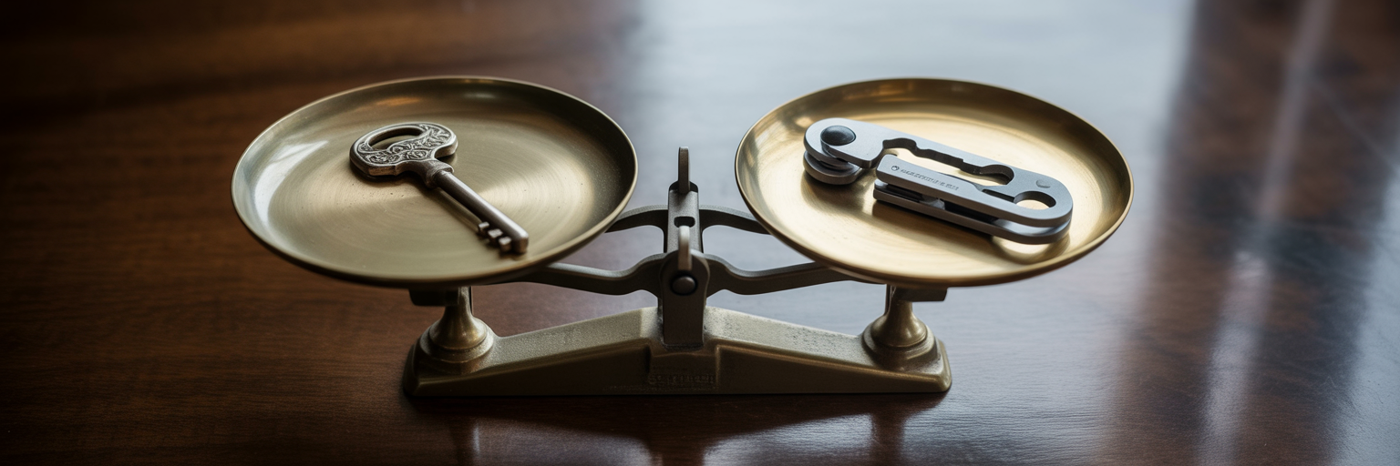 Vintage key and modern multi-tool on scale.