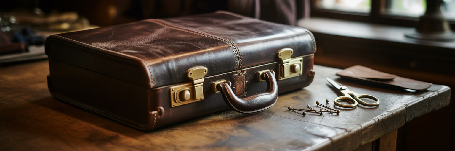 Vintage leather briefcase corner showing patina