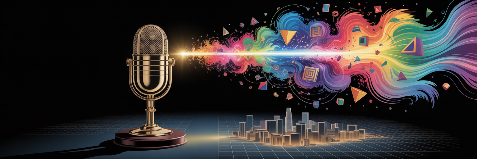 Vintage microphone broadcasting abstract shapes over LA.