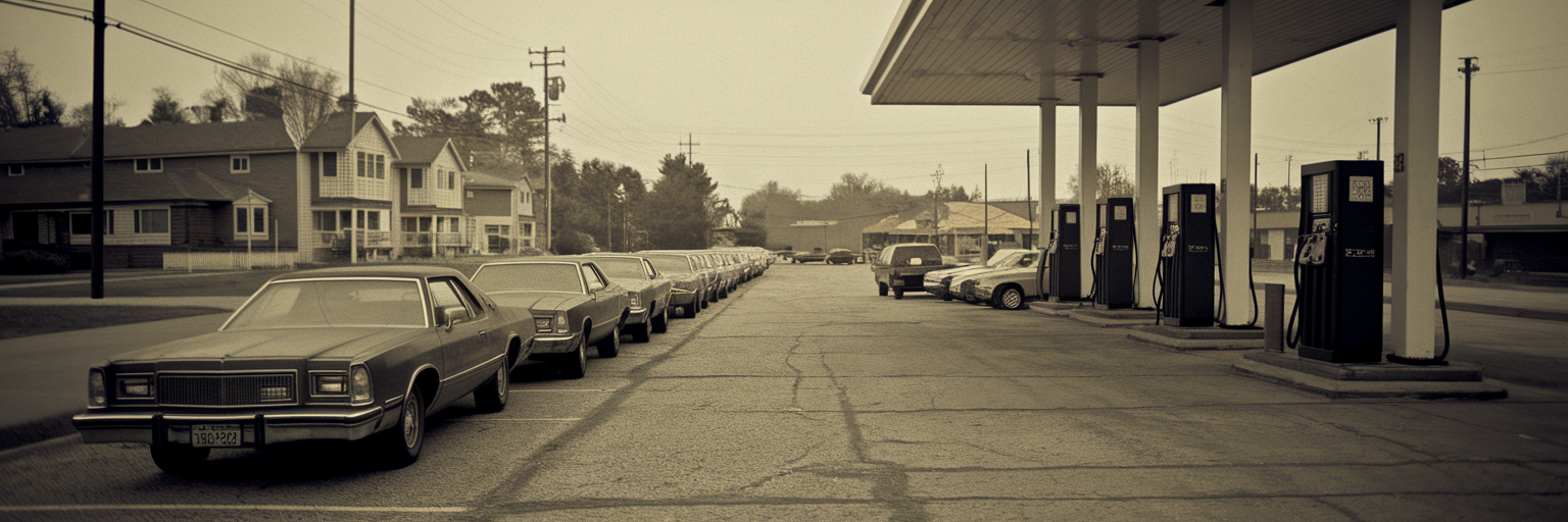 Vintage photo of cars at gas station.