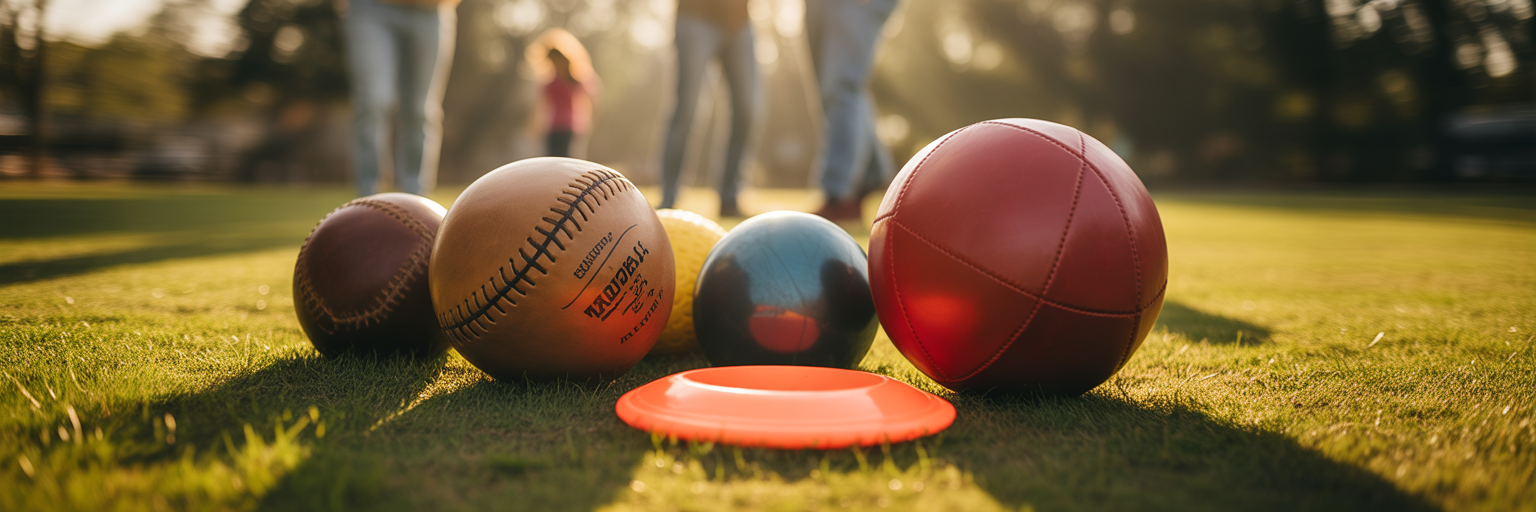 Vintage sports balls on park grass.