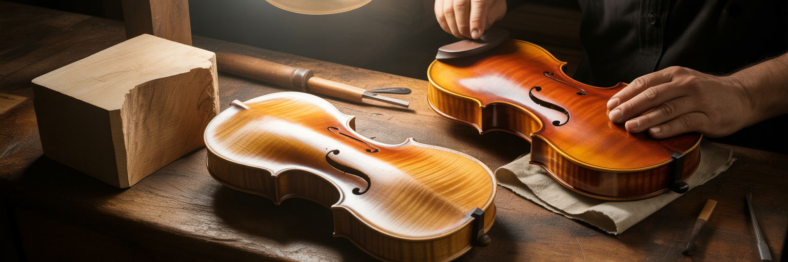 Violin crafting process on workbench.