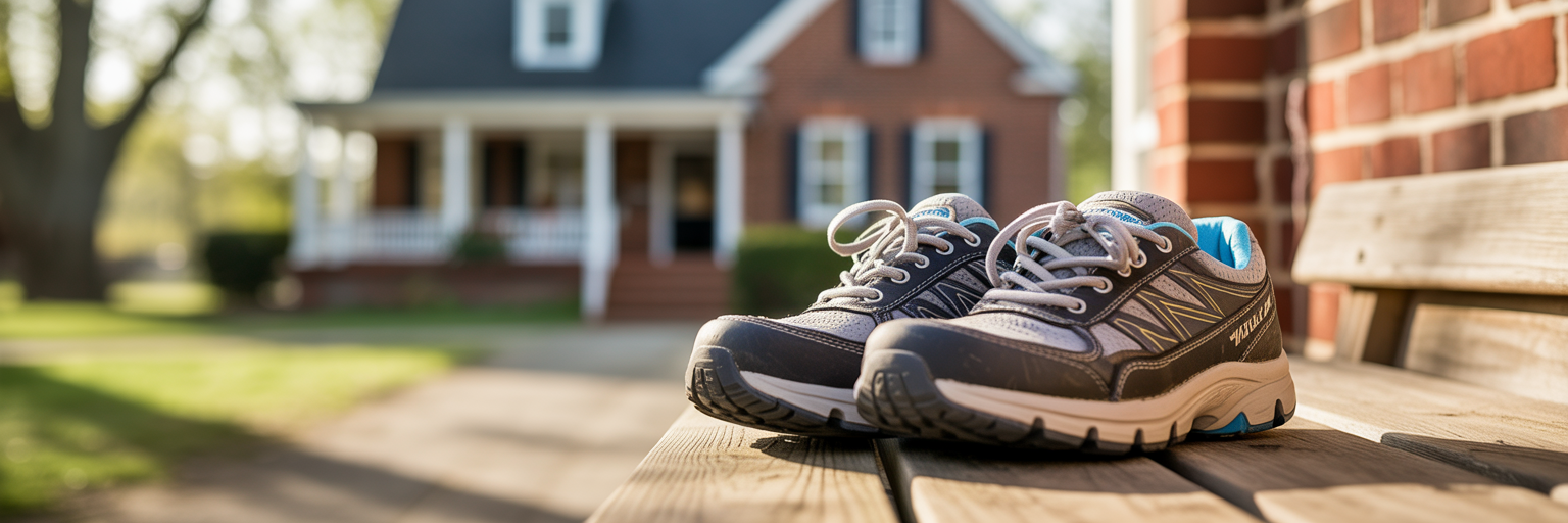 Walking shoes on a porch step