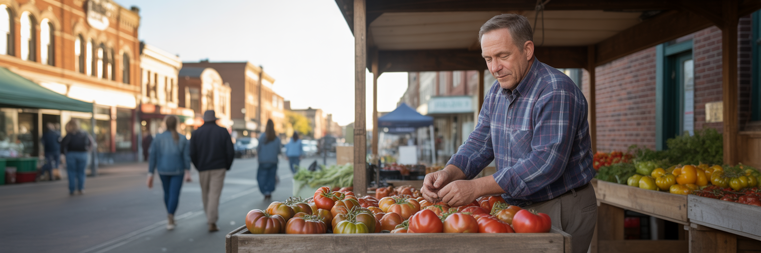 Walla Walla farmer arranging tomatoes at market stall.