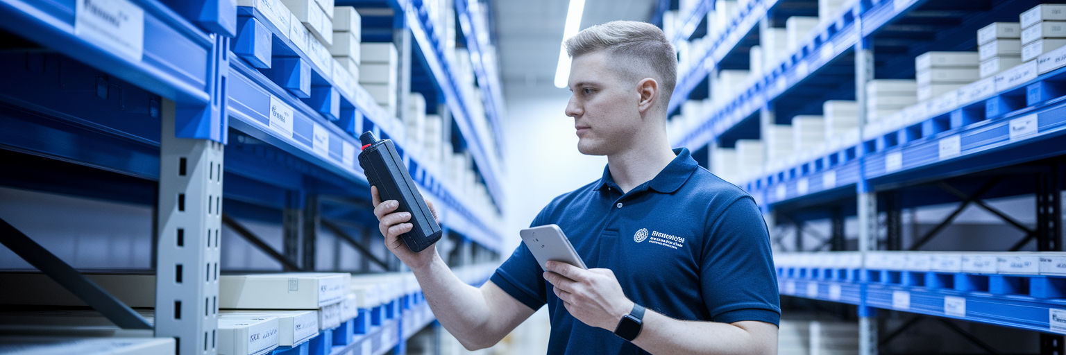 Warehouse employee using mobile device to scan product.