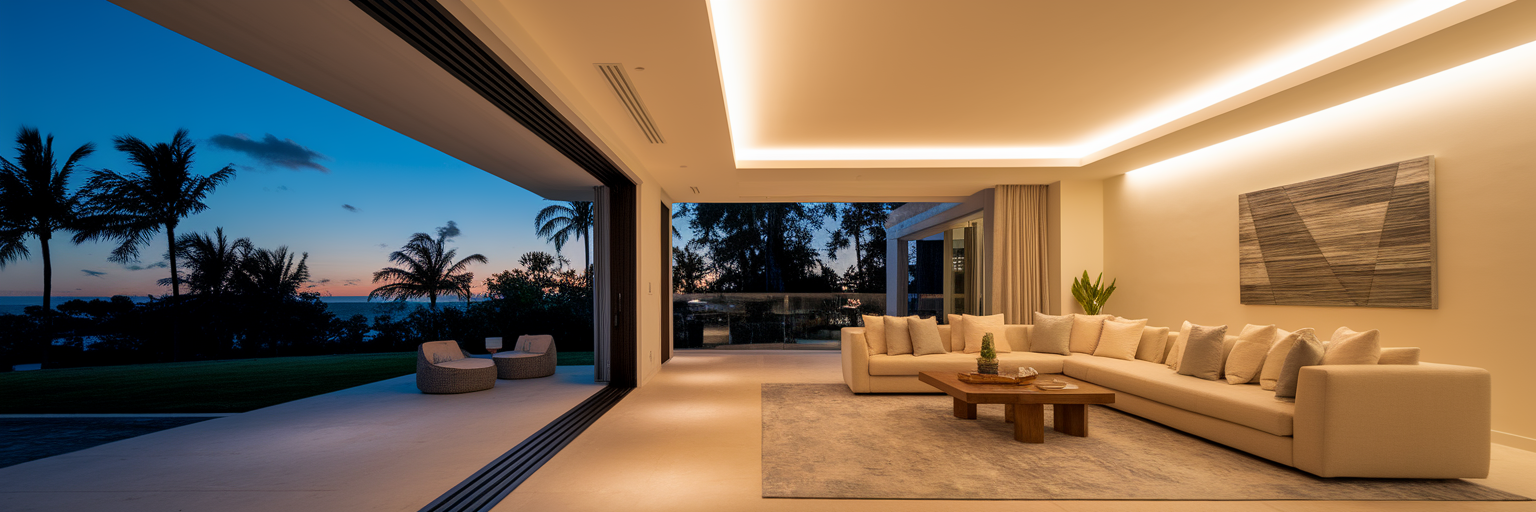 Warm recessed lighting in modern living room.