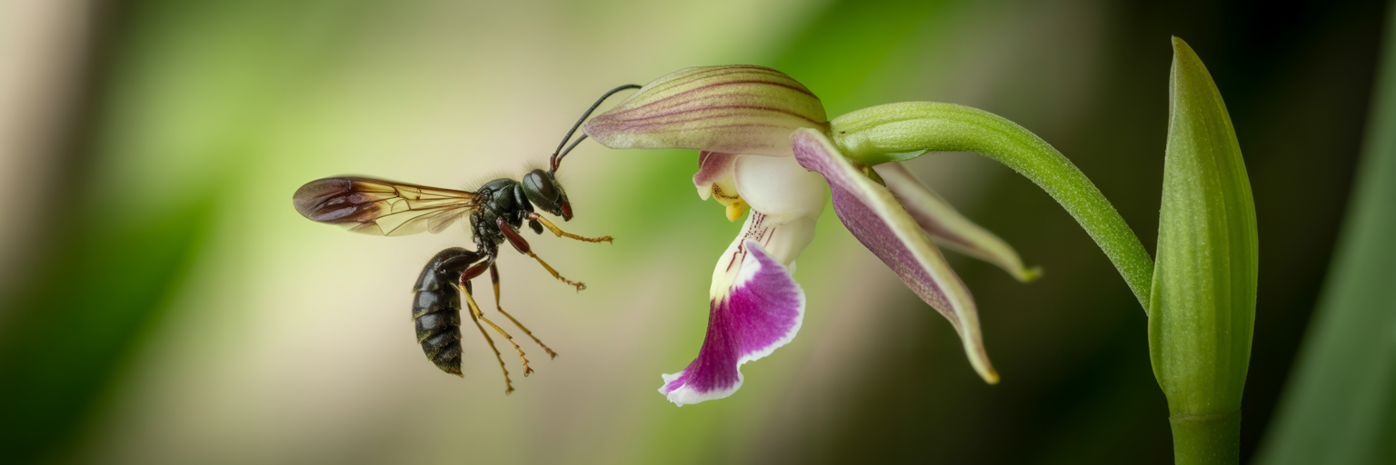 Wasp pollinating a hammer orchid.