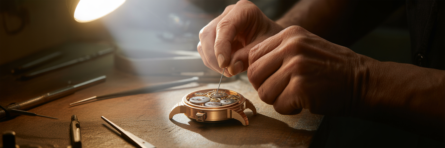 Watchmaker assembling intricate gears of luxury watch.