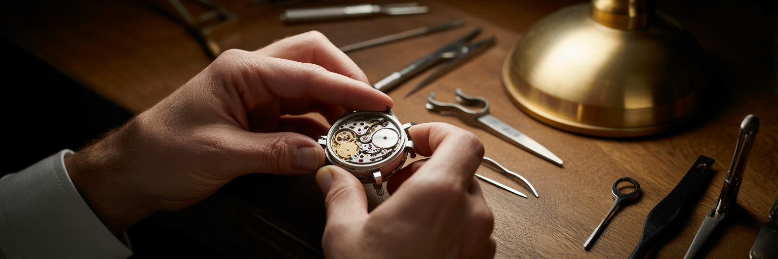 Watchmaker carefully adjusting gears in a complex watch.