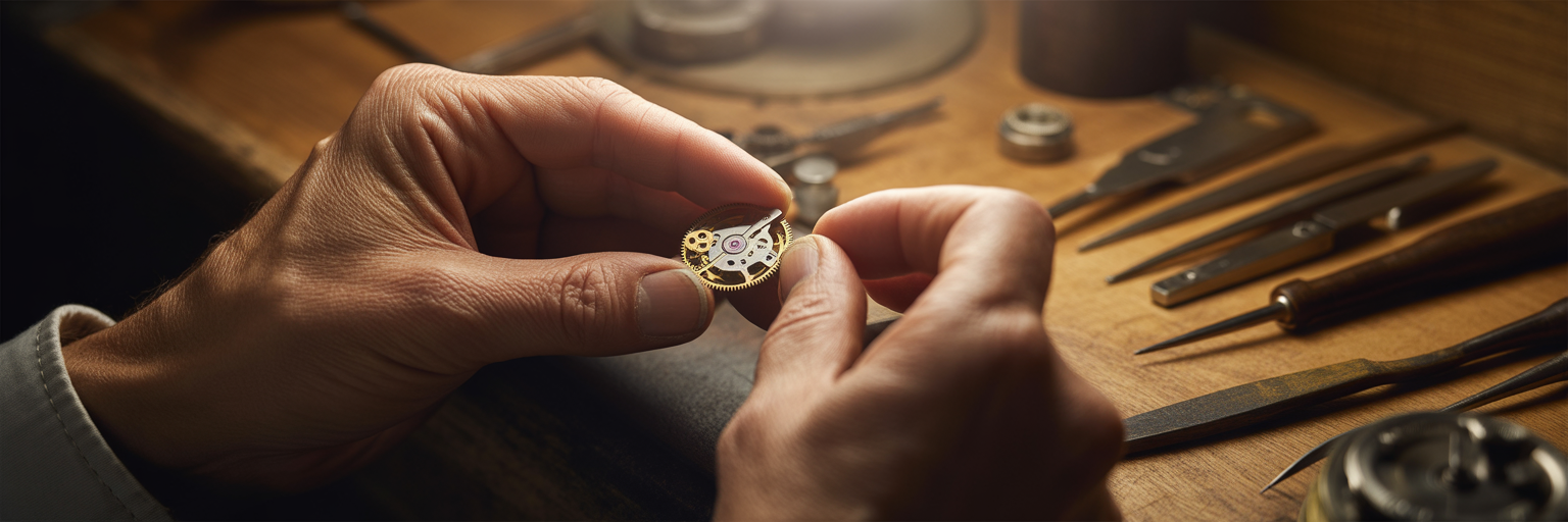 Watchmaker carefully assembling a complex mechanism.