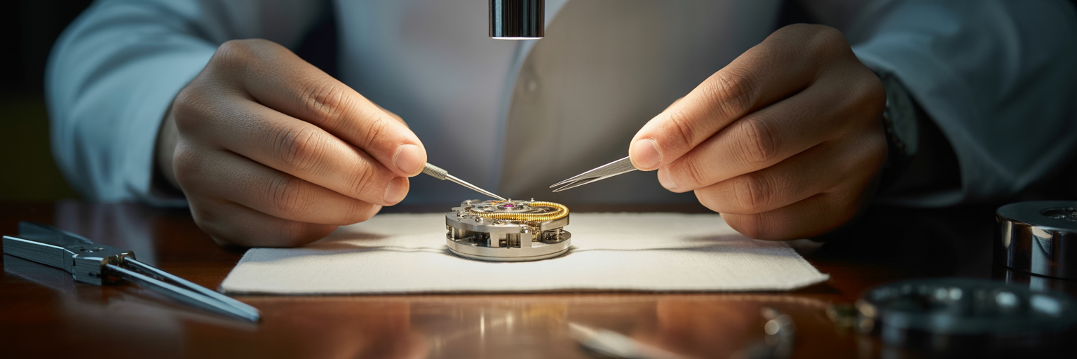 Watchmaker meticulously assembling a mechanical watch.