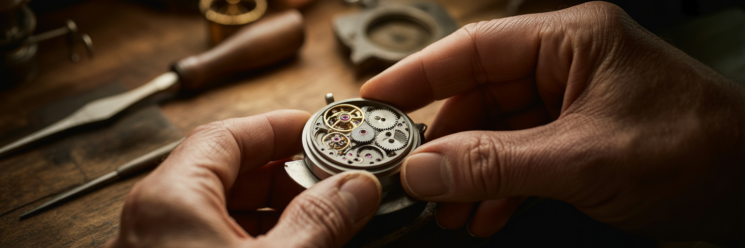 Watchmaker meticulously repairing intricate clockwork.