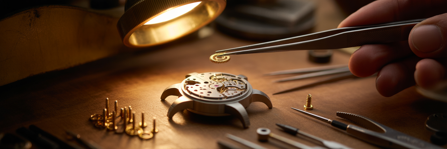 Watchmaker placing a gear into a luxury watch mechanism.