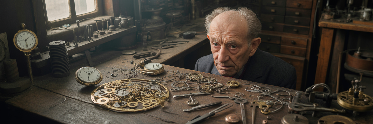 Watchmaker's cluttered and disorganized workbench.