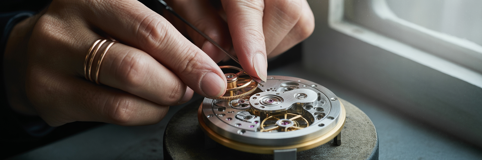 Watchmaker's hands assembling intricate timepiece.