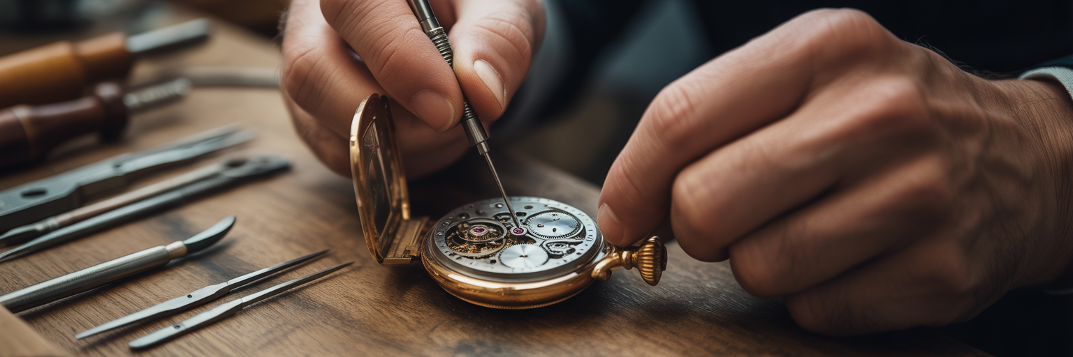 Watchmaker's hands carefully repairing a watch.
