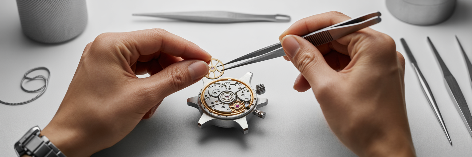 Watchmaker's hands performing precision work.