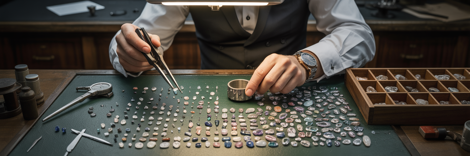 Watchmaker sorting unique stones into groups.