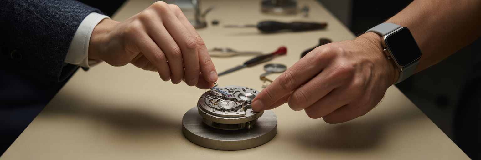 Watchmakers aligning gears in a watch.