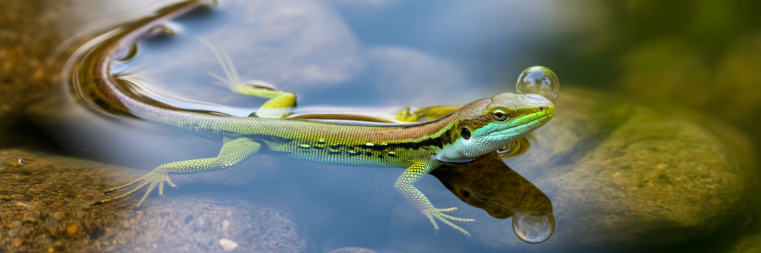 Water anole lizard with air bubble on nose