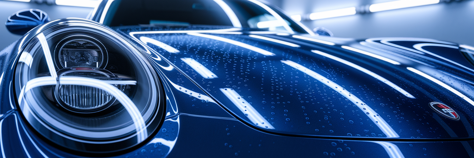 Water beading on a waxed car hood.