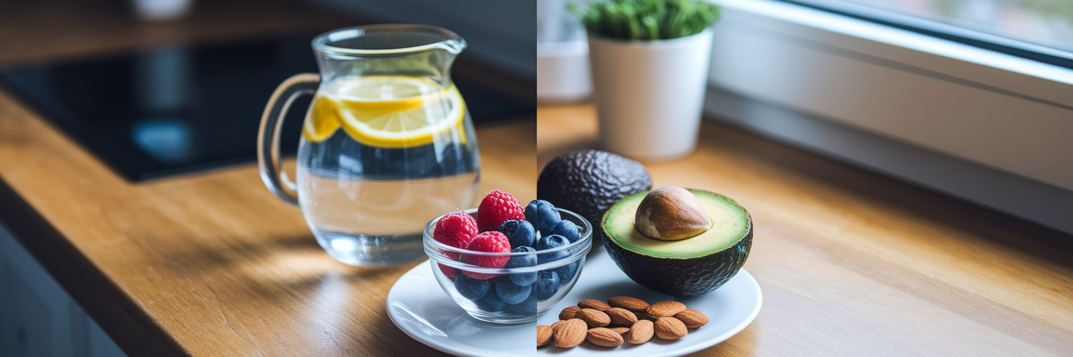 Water pitcher next to avocado and nuts