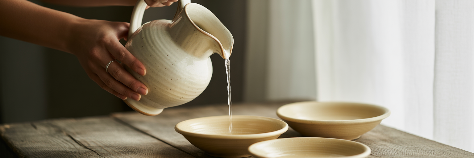Water pouring from pitcher into bowls.