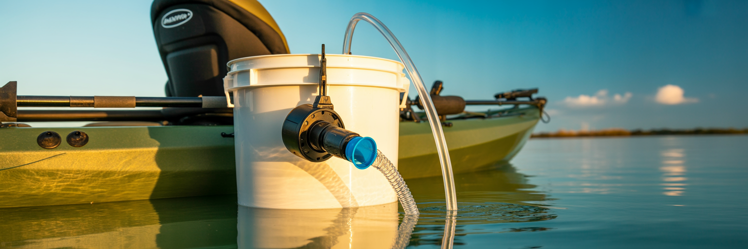 Waterproof portable aerator on kayak bait bucket.