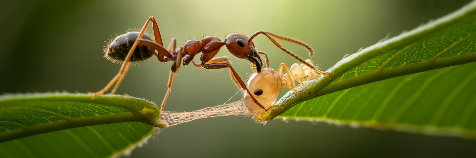 Weaver ant using larva for silk.