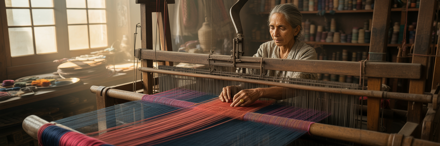 Weaver combining red and blue threads.