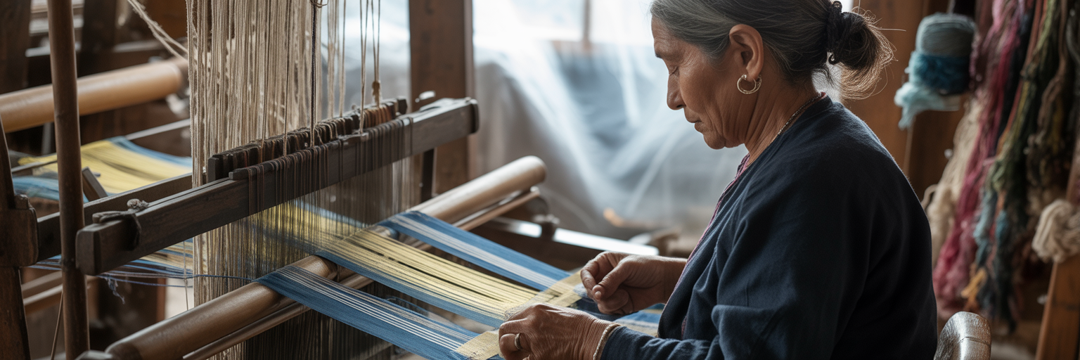Weaver integrating two different colored threads.
