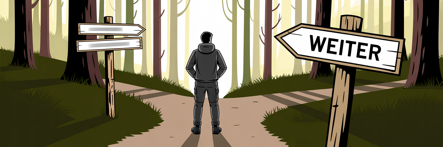 Wegweiser im Wald als Symbol für frühe Demenz-Anzeichen.