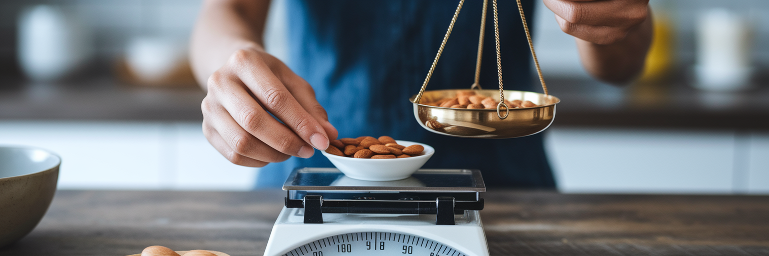 Weighing almonds on a kitchen scale.
