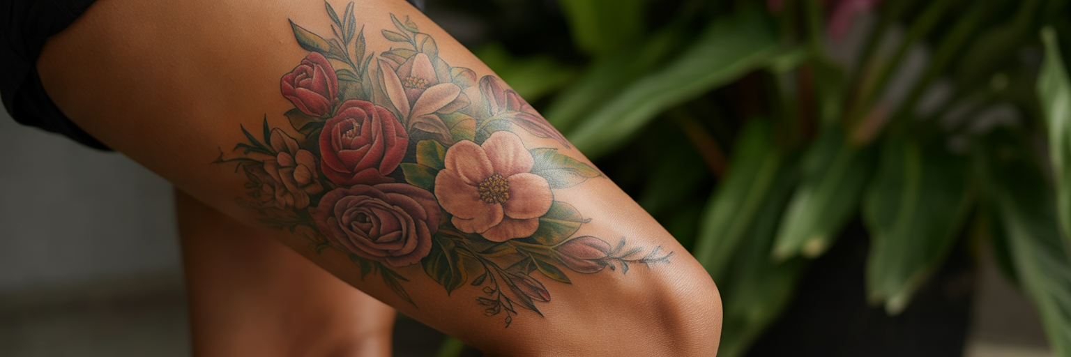 Well-healed detailed tattoo on a calf.