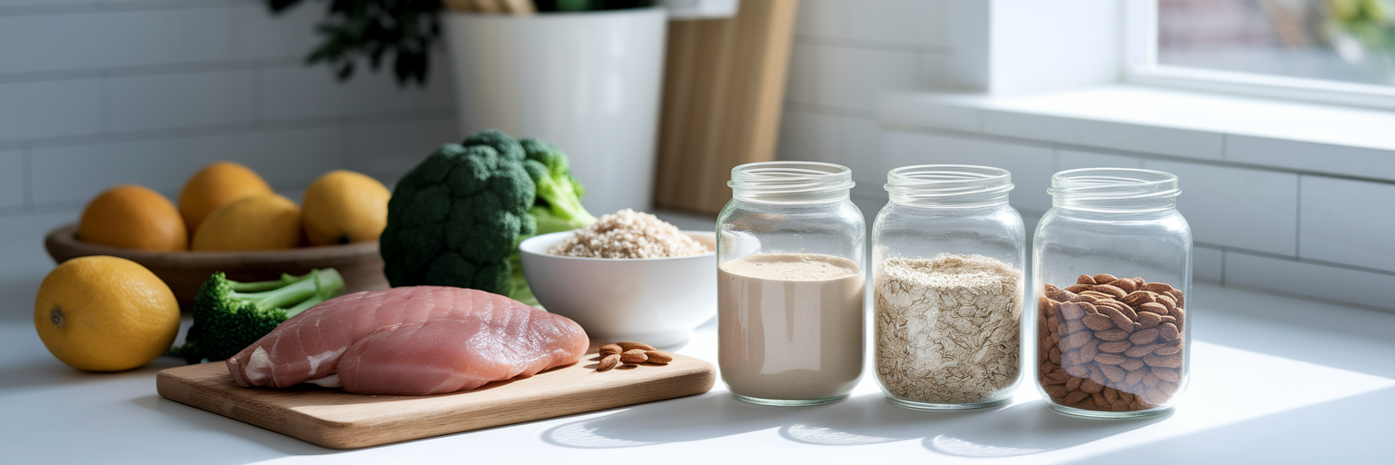 Whole foods and jars representing macronutrients.