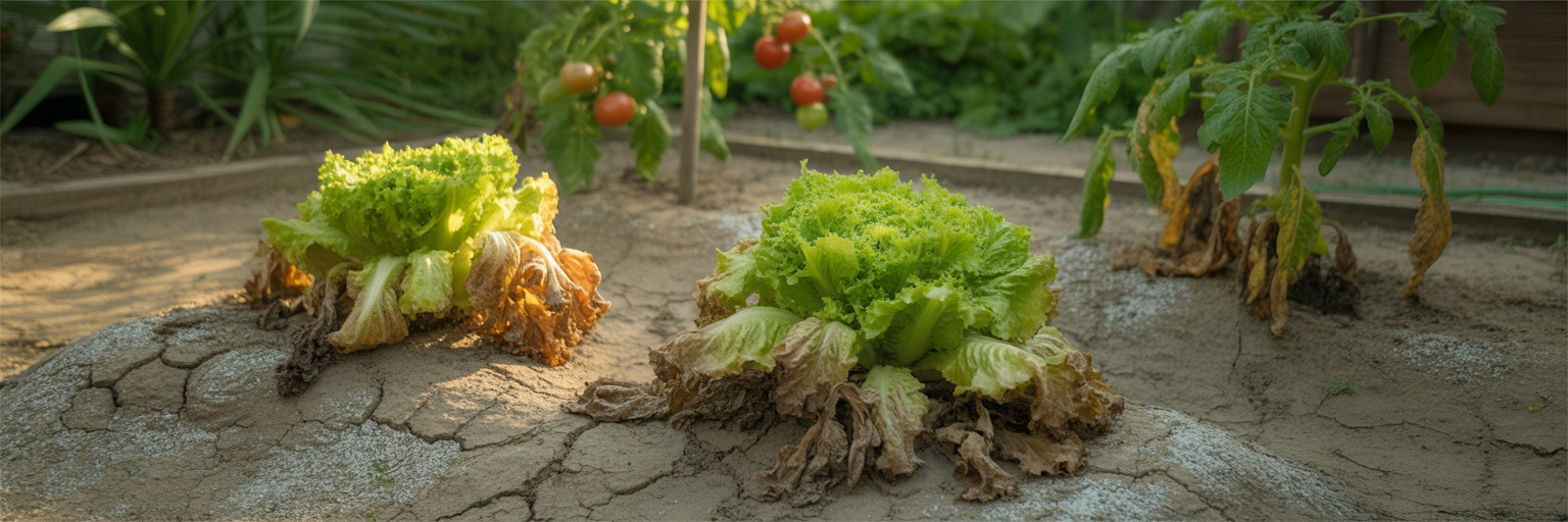 Wilted lettuce plants in damaged garden soil.