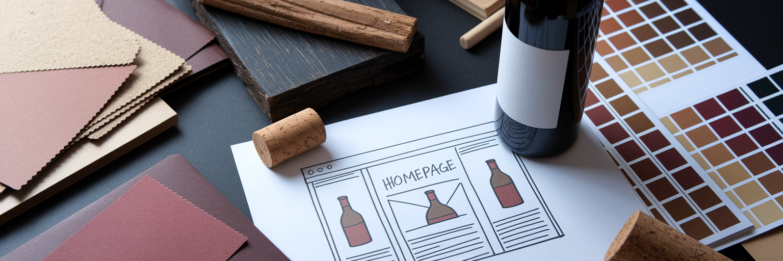 Wine branding design elements on workbench