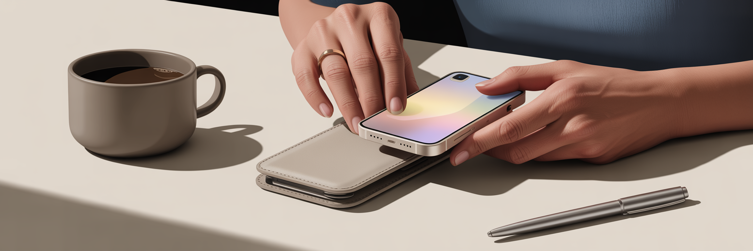 Woman attaching MagSafe wallet to stylish iPhone case.