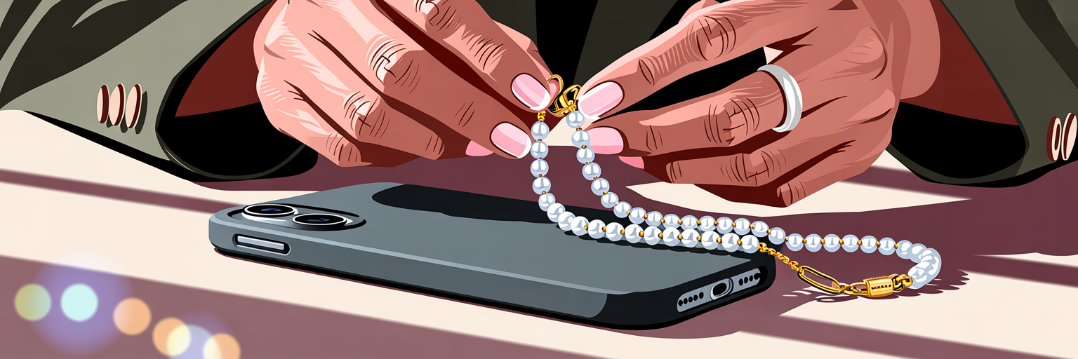 Woman attaching pearl phone chain to case.