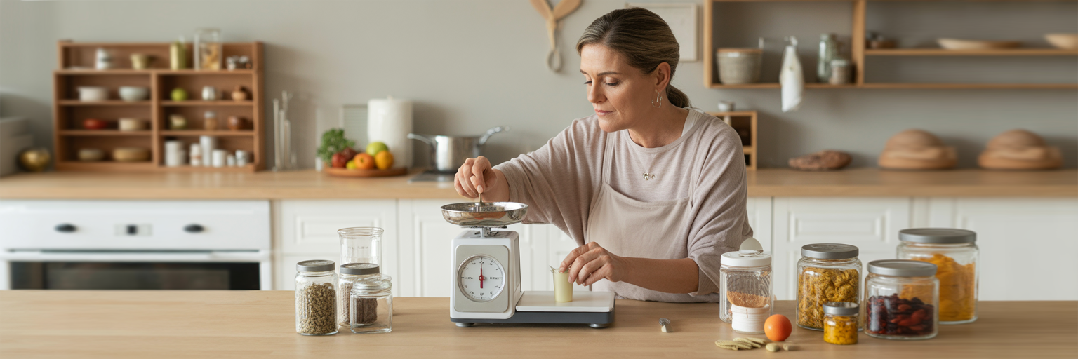 Woman carefully measuring ingredients in kitchen.