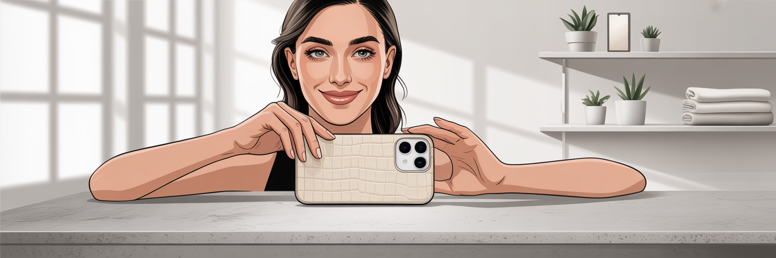 Woman choosing a crocodile texture iPhone case.