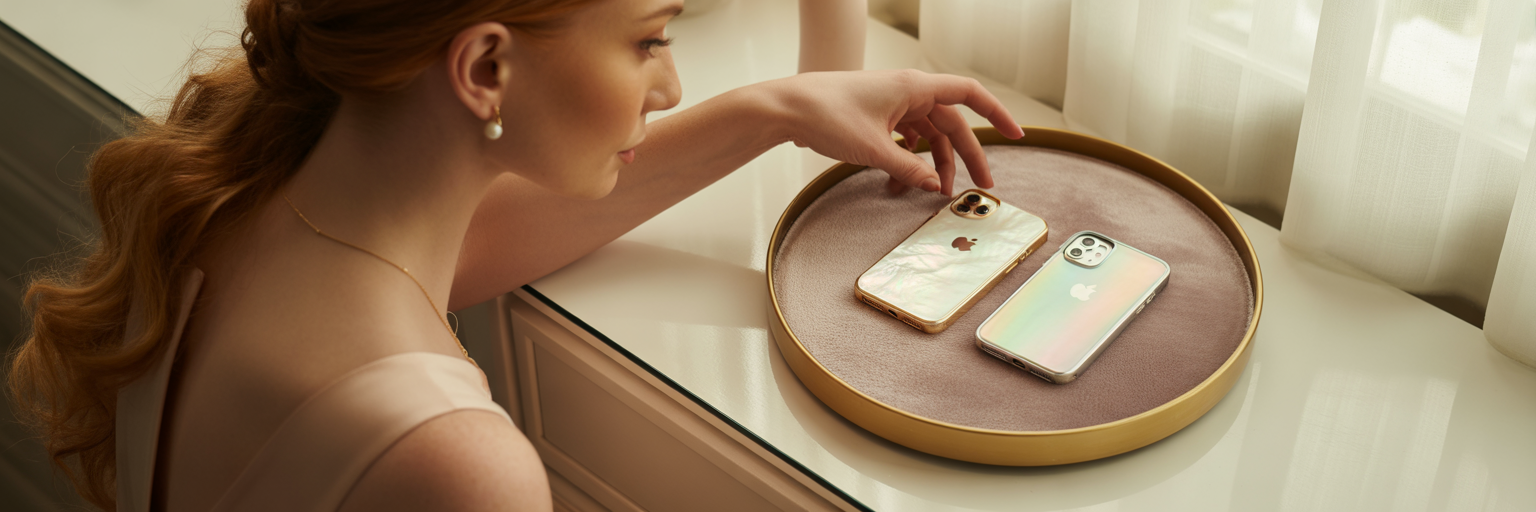 Woman choosing between two elegant phone cases